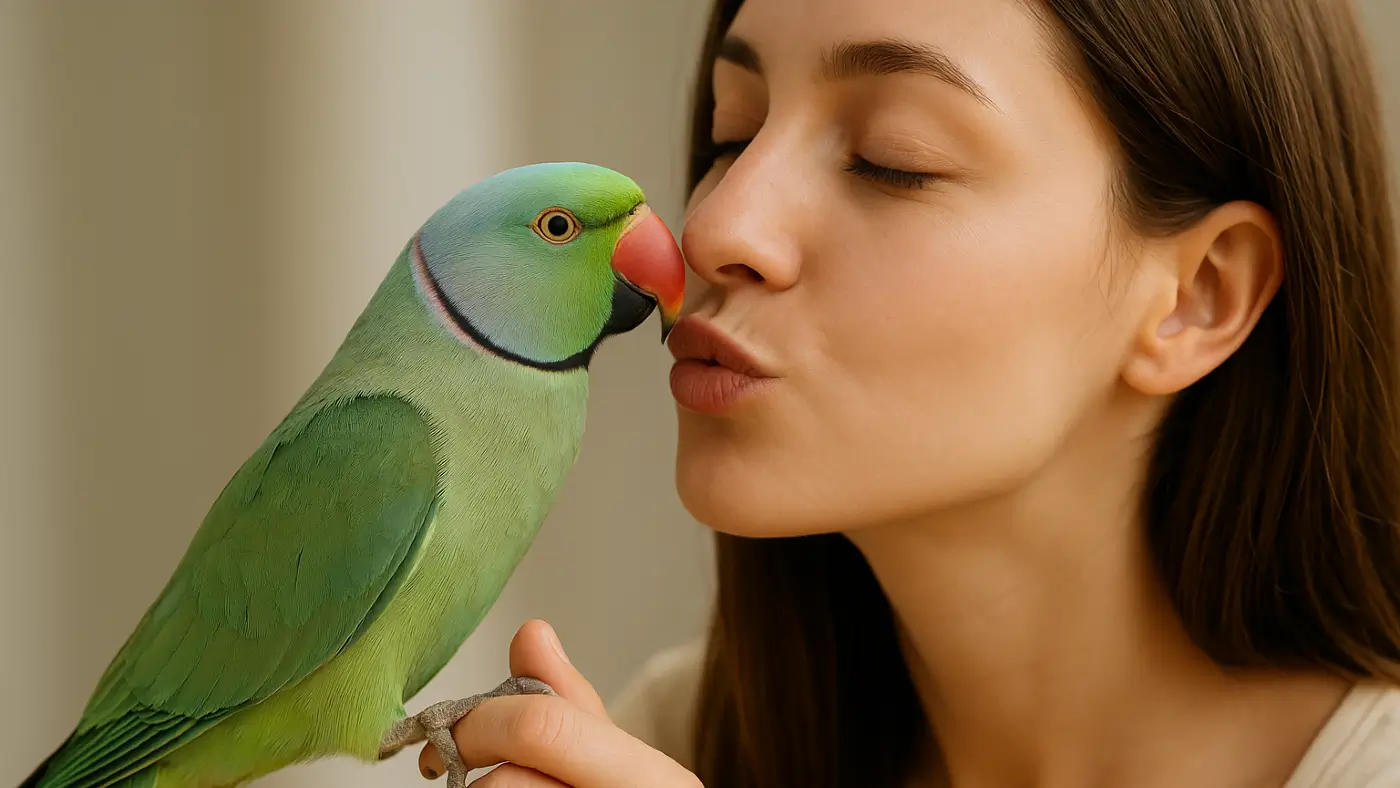 Παπαγάλος ringneck με γυναίκα – παράδειγμα στενής επαφής που σχετίζεται με ασθένειες από πτηνά στον άνθρωπο