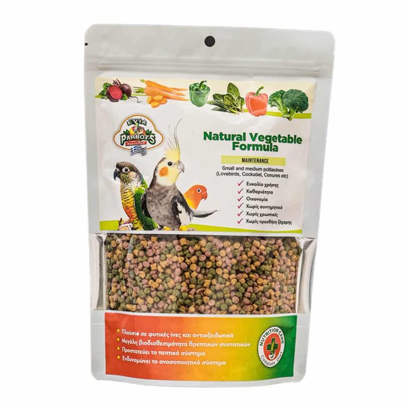 Η συσκευασία των Pellets Evia Parrors Natural Vegetable Formula των 500 γρ.