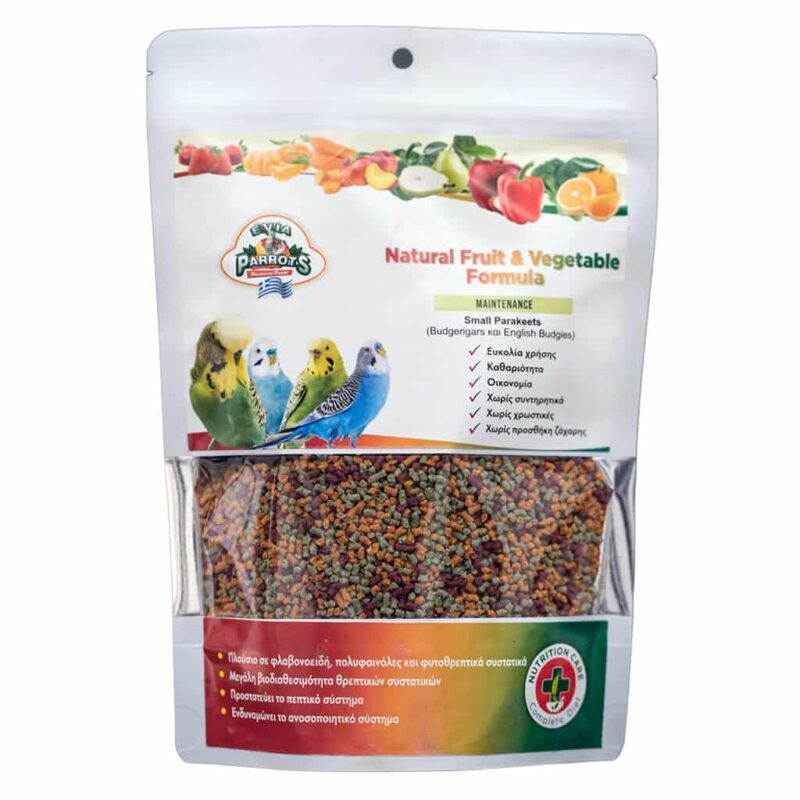 Συσκευασία Evia Parrots Natural Fruit and Vegetable Formula Maintenance Budgies 500g