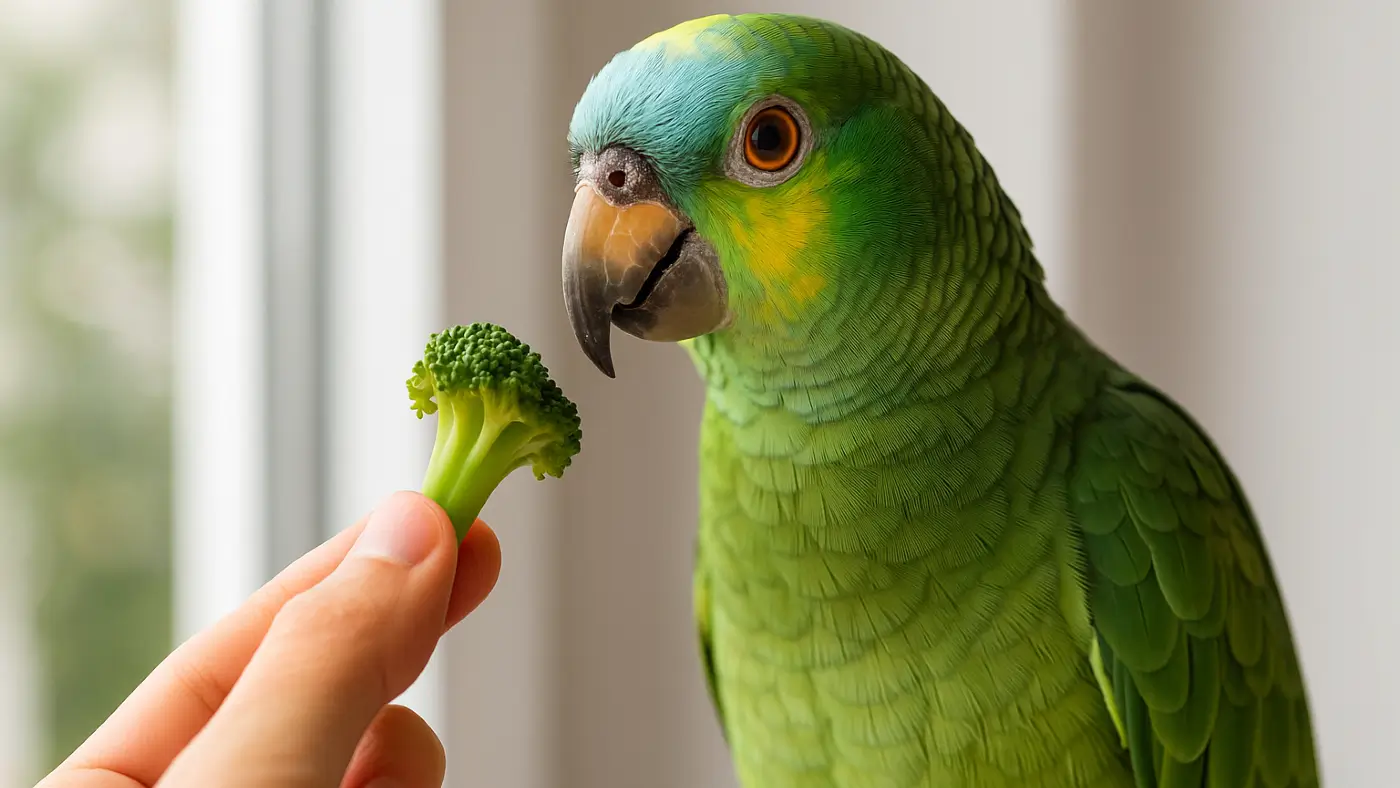 Χέρι που προσφέρει μπρόκολο σε παπαγάλο blue-fronted amazon