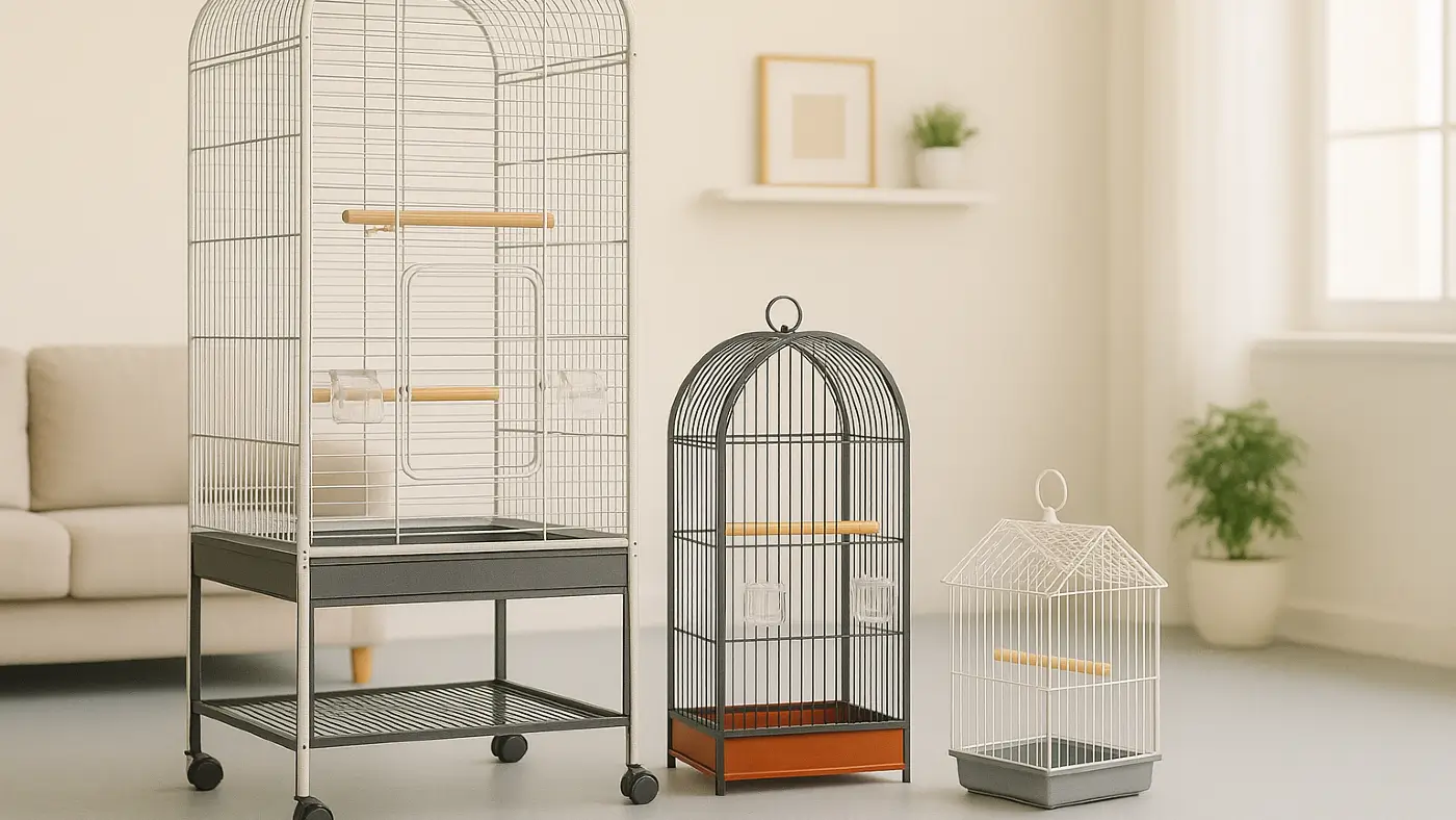 Κλουβιά πτηνών σε διαφορετικά μεγέθη – μεγάλο με ρόδες, μεσαίο μαύρο και μικρό με γκρι πάτο σε φωτεινό εσωτερικό χώρο.