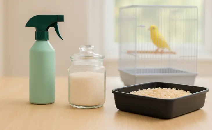 Σπρέι καθαρισμού, άλατα μπάνιου και υπόστρωμα για πτηνά σε ξύλινη επιφάνεια, με κλουβί στο βάθος