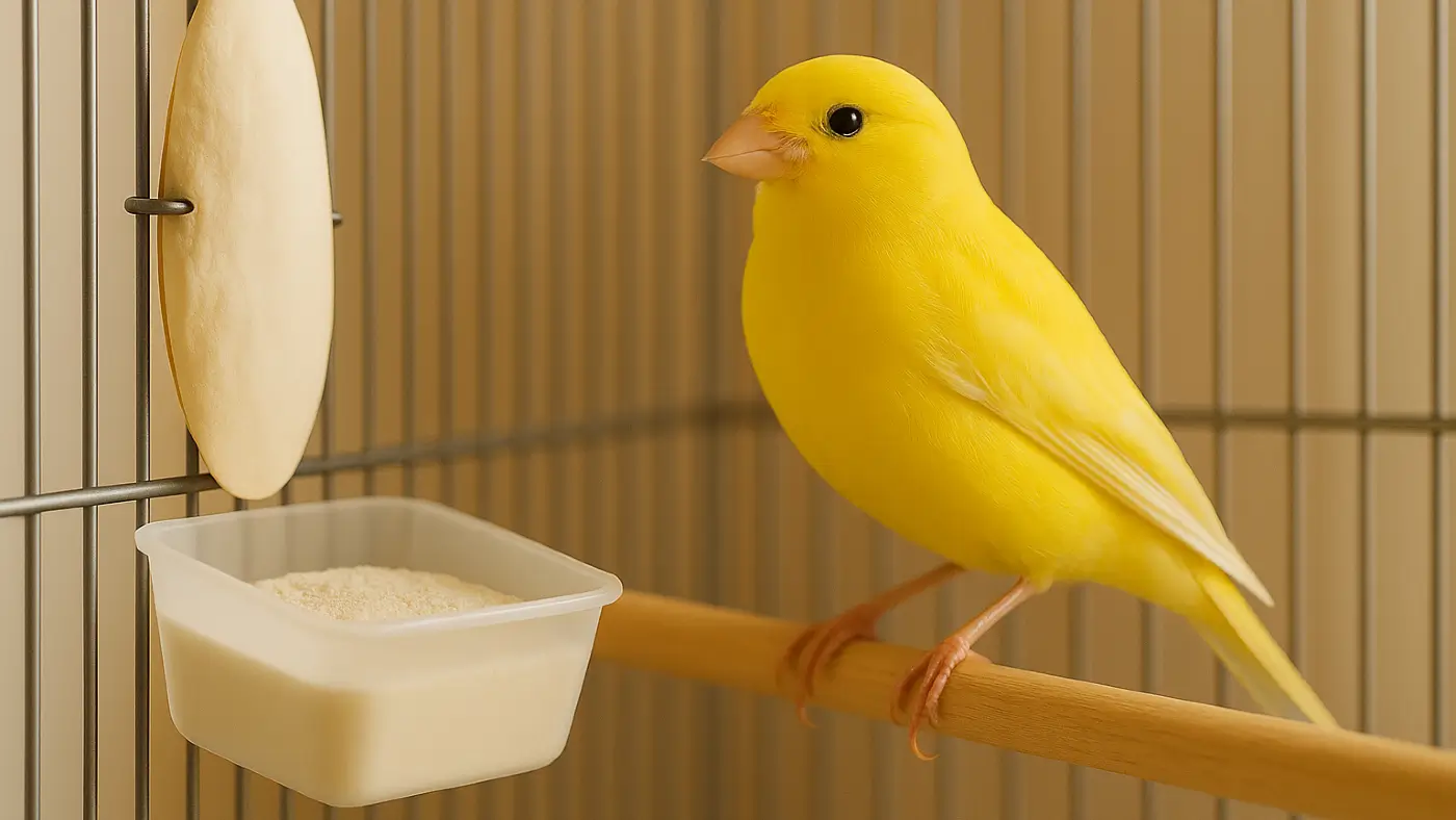 Καναρίνι σε κλουβί με σουπιοκόκκαλο και ταΐστρα με ασβέστιο σε σκόνη