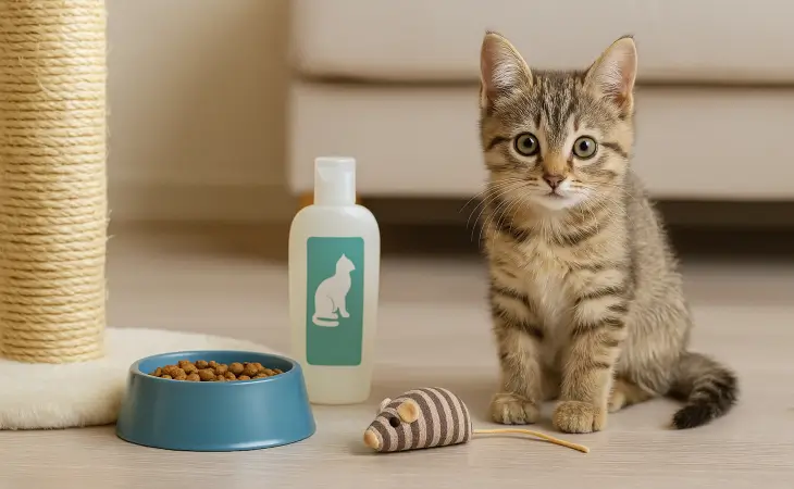 Μικρό τιγρέ γατάκι δίπλα σε ονυχοδρόμιο, μπλε μπολ τροφής, μπουκάλι σαμπουάν και παιχνίδι ποντίκι σε εσωτερικό χώρο