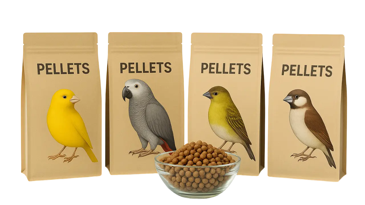 Συσκευασίες pellets πτηνών με καναρίνι, μεγάλο παπαγάλο african grey, σκαρθί και society finch, με γυάλινο μπολ pellets στο κέντρο σε φωτεινό γαλάζιο background