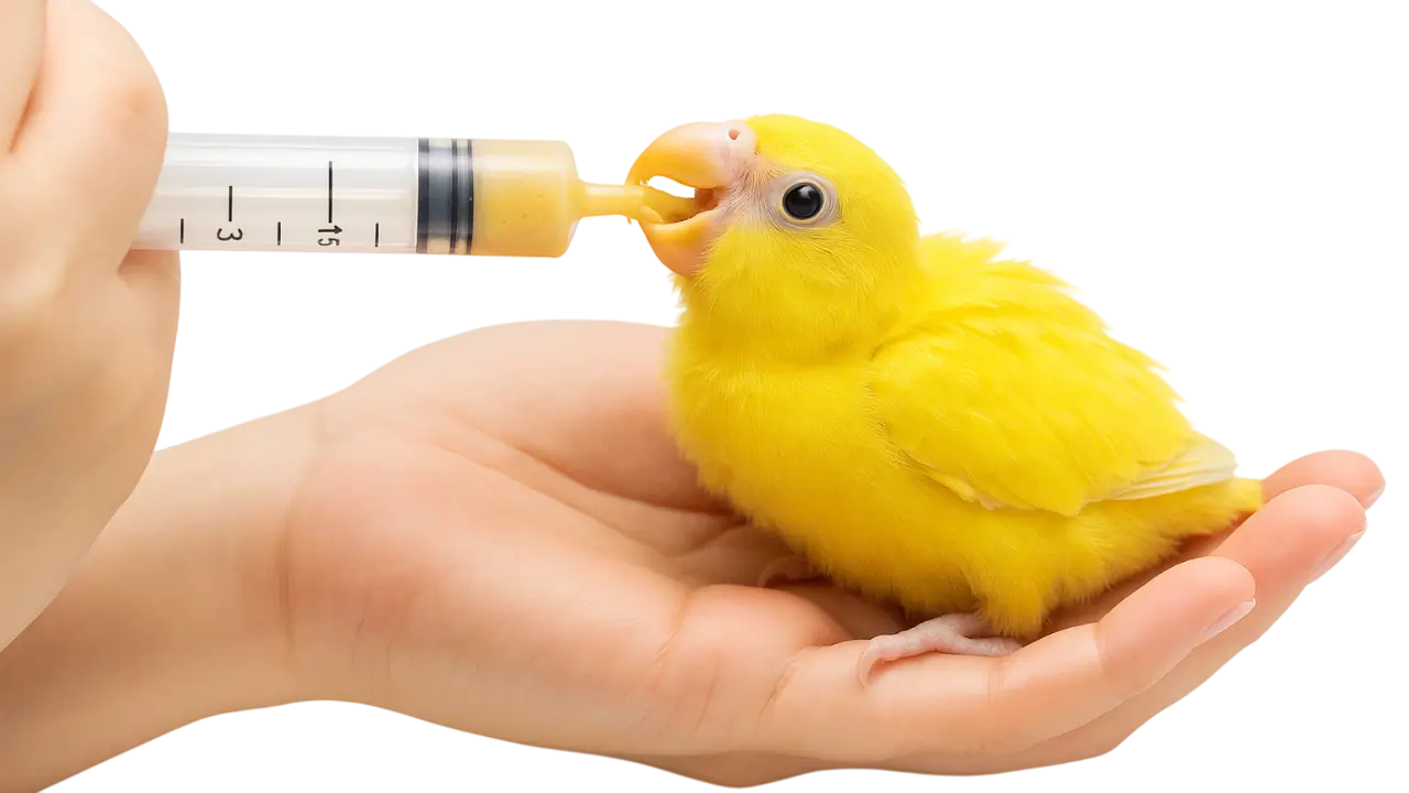 Νεοσσός παπαγάλου τρέφεται με κρέμα νεοσσών από σύριγγα στο χέρι