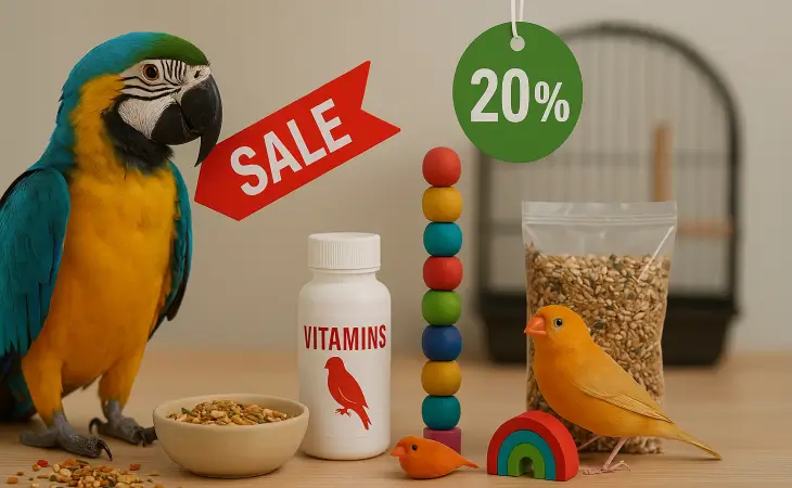 Μπλε-κίτρινος παπαγάλος macaw και πορτοκαλί εξωτικό πτηνό δίπλα σε μπολ σπόρων, βιταμίνες, παιχνίδια και σακουλάκι τροφής με ετικέτες προσφορών