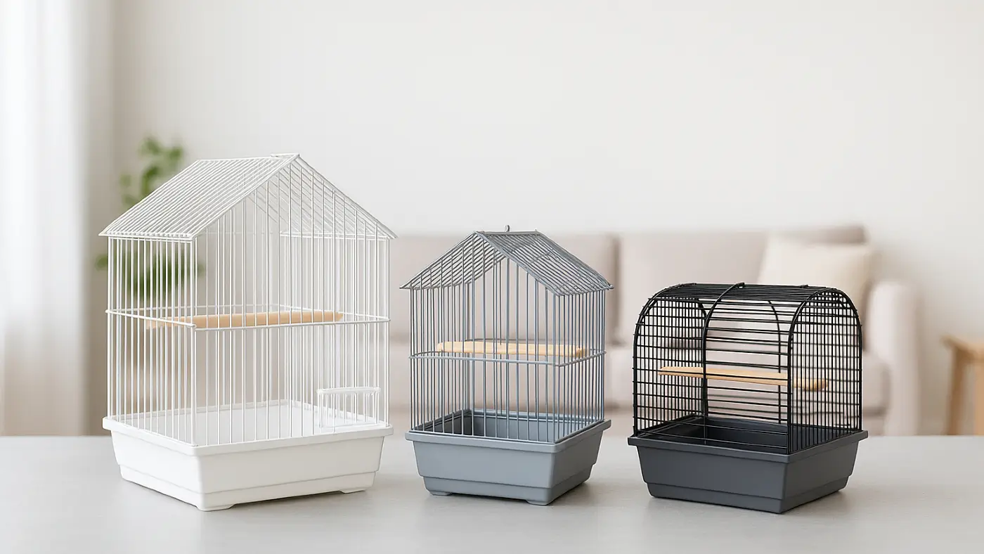 Μικρά κλουβιά πτηνών σε λευκό, γκρι και μαύρο χρώμα πάνω σε φωτεινή επιφάνεια