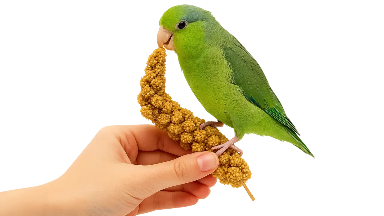 Parrotlet τσιμπολογάει κεχρί millet που κρατάει ένα χέρι