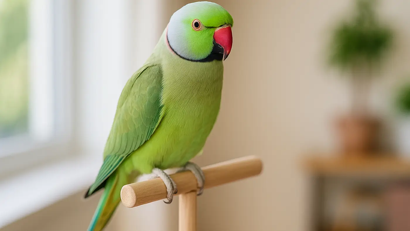 Παπαγάλος Ringneck αρσενικός σε stand, σε φωτεινό δωμάτιο με φυσικό φως