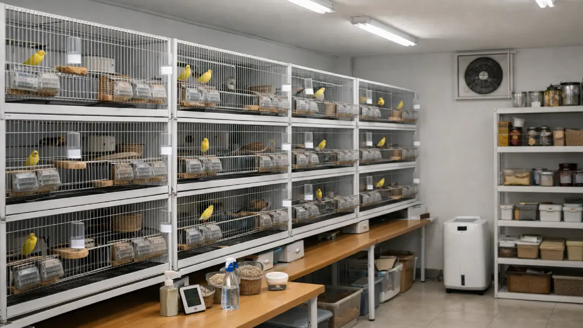 Χώρος εκτροφής καναρινιών με ελεγχόμενο φωτισμό και σταθερές συνθήκες